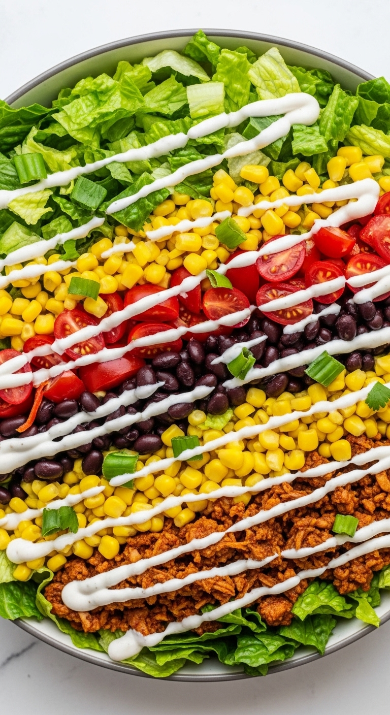 A Vibrant Taco Salad In A Shallow Bowl With Sections Of Green Lettuce, Brown Meat, Red Tomatoes, Yellow Corn, Black Beans, And A Creamy White Dressing Drizzled On Top, Captured In Bright, Fresh Daylight.