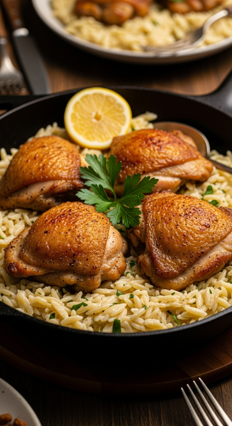 Crispy Chicken Thighs Atop Creamy Orzo In A Rustic Cast-Iron Skillet, Garnished With Fresh Parsley And A Lemon Wedge, With Warm, Soft Lighting Highlighting The Textures.