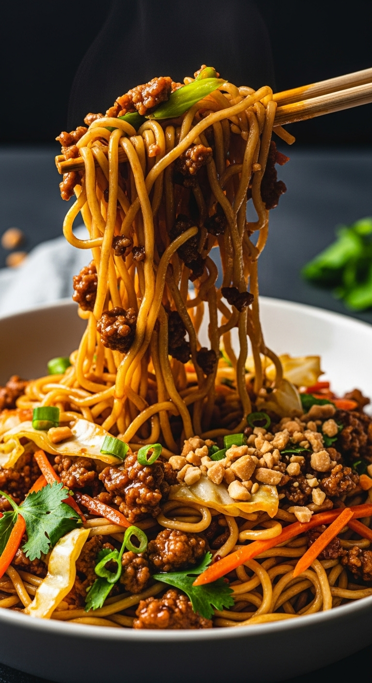 Chopsticks Lifting Saucy Dragon Noodles From A Deep Bowl, With Ground Pork, Shredded Cabbage And Carrot, And Chopped Peanuts, Against A Dark Background.
