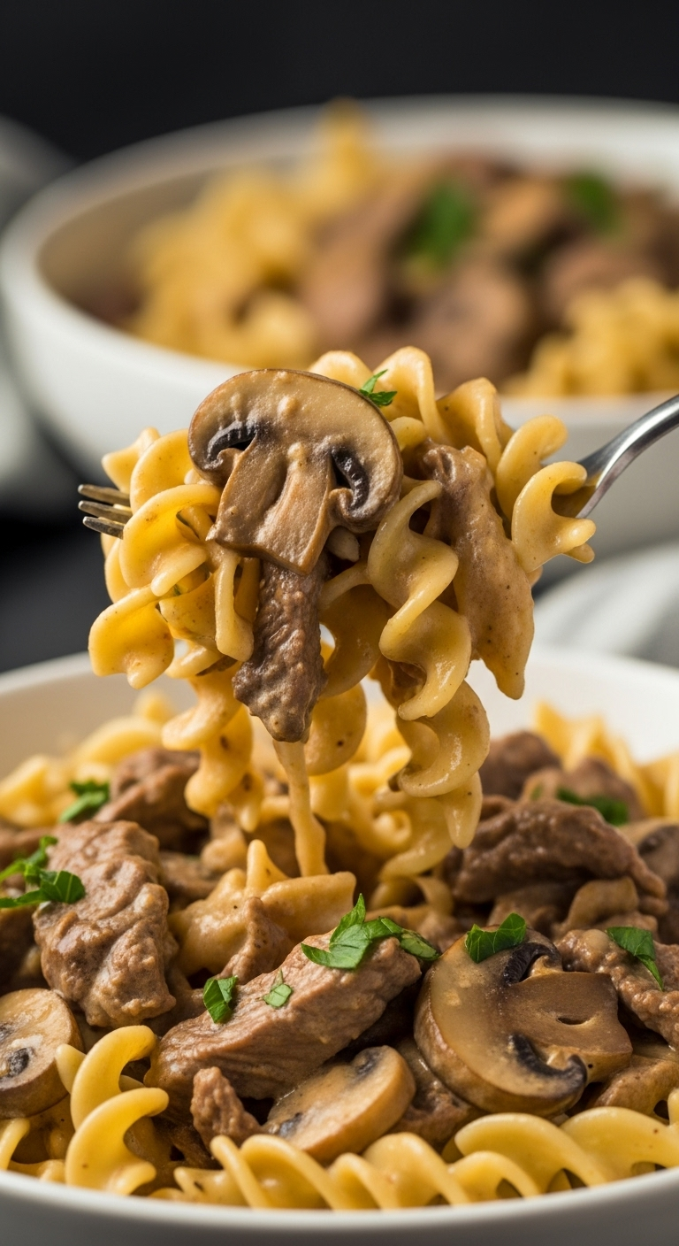 Close-Up Of A Fork Lifting A Creamy Beef Stroganoff With Tender Egg Noodles, Beef, Mushrooms, And A Sprinkle Of Fresh Parsley From A Shallow Bowl.