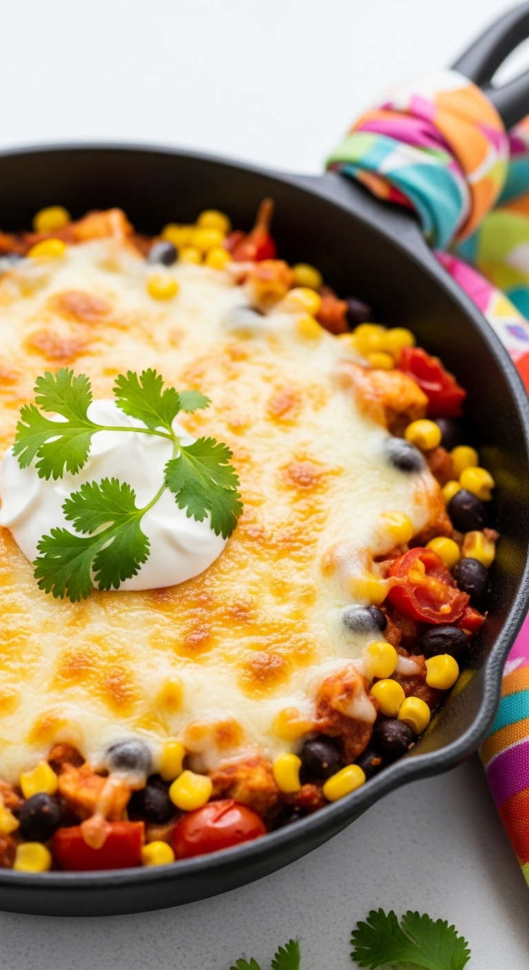 Close-Up Of A Cast-Iron Skillet Filled With Melted Cheese, Corn, Black Beans, Tomatoes, And Southwest Chicken, Topped With Sour Cream And Fresh Cilantro, With A Colorful Napkin Corner Visible.