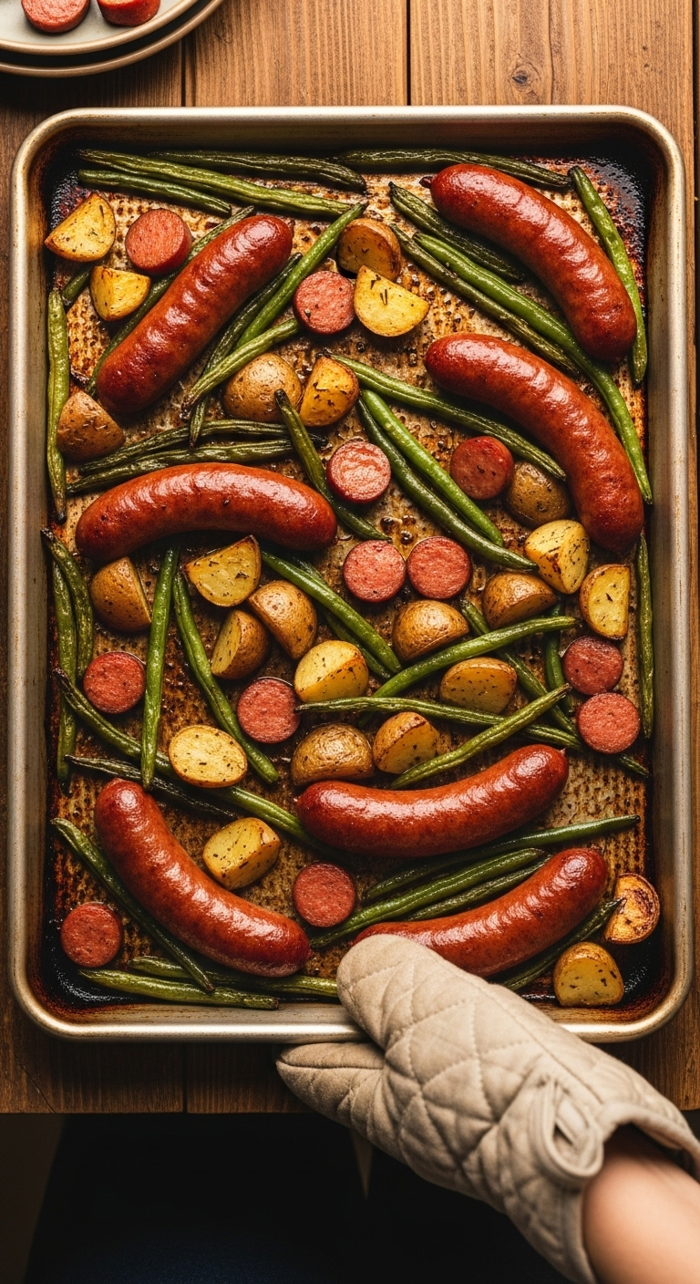 Overhead Shot Of A Metal Sheet Pan Filled With Roasted Kielbasa, Potatoes, And Green Beans, With A Hand Wearing An Oven Mitt Holding The Pan, Set On A Rustic Wooden Table.