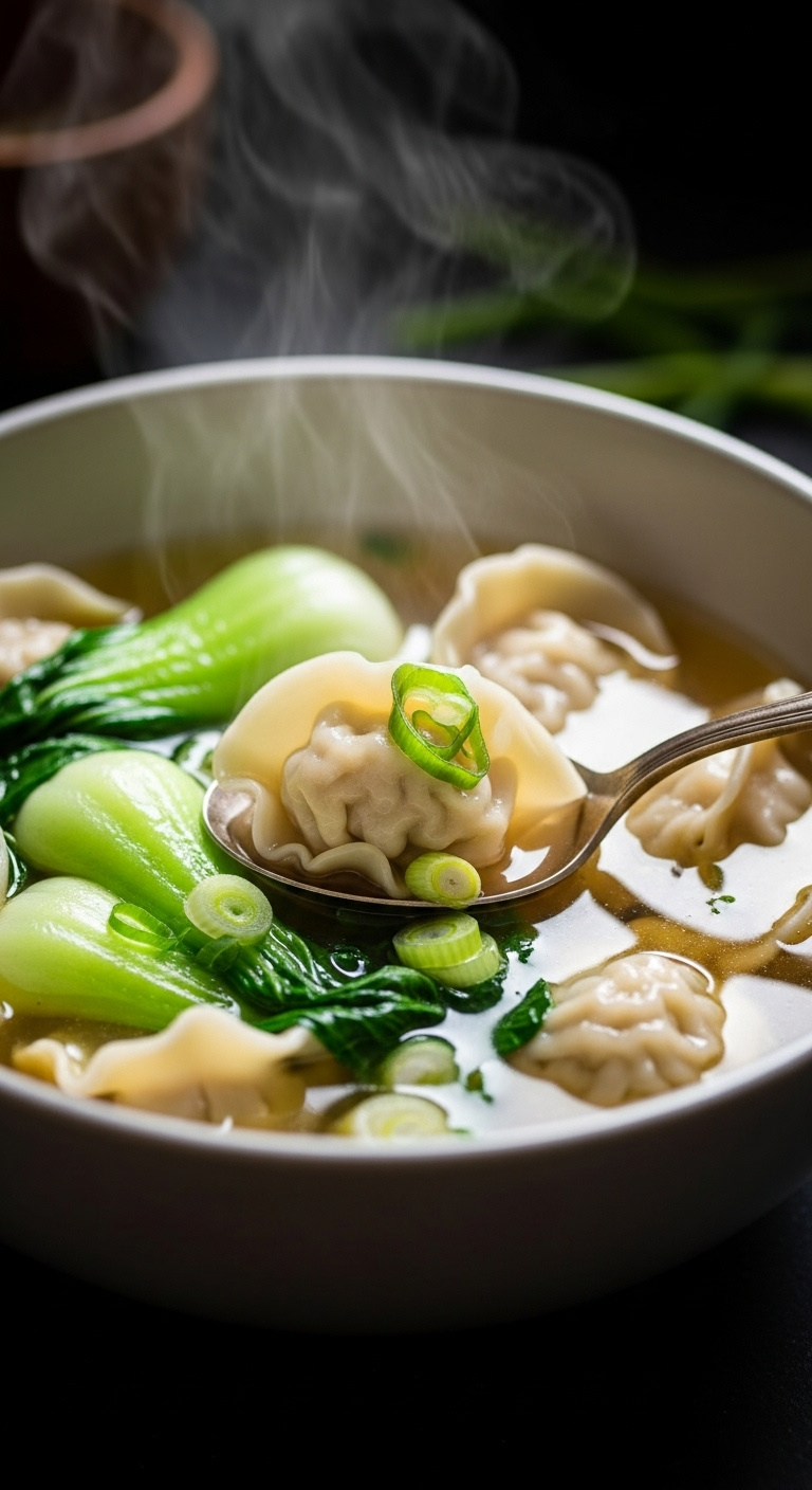Close-Up Of A Ceramic Bowl Filled With Steaming Dumpling Soup, Featuring White Dumplings, Bok Choy, Scallions, And A Soup Spoon Lifting A Dumpling, With A Dark, Minimal Background.