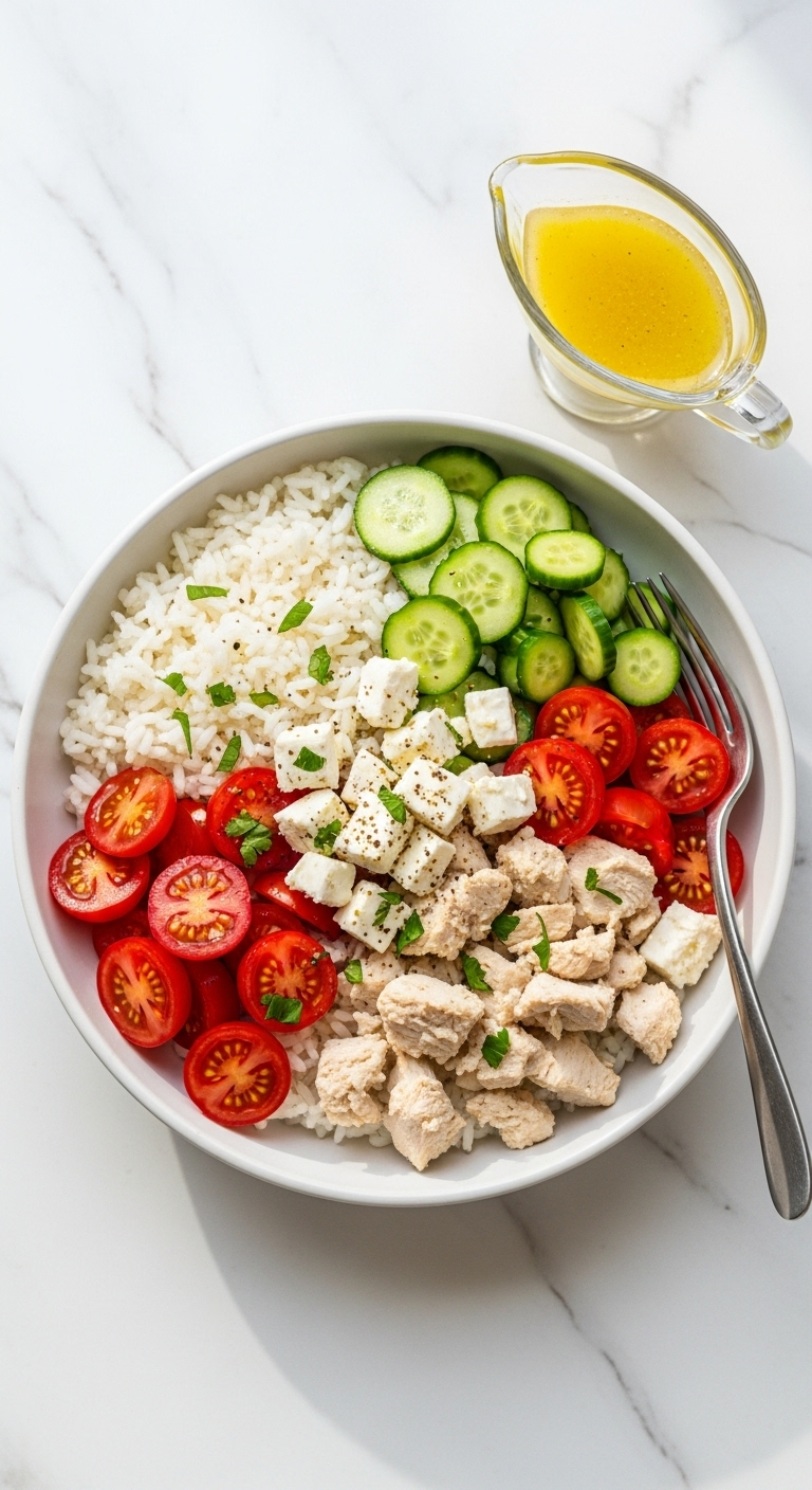 Overhead Shot Of A Greek Chicken And Rice Bowl With Sections Of Rice, Feta, Cucumber, And Tomatoes, With A Glass Cruet Of Lemon Dressing On A White Marble Surface.