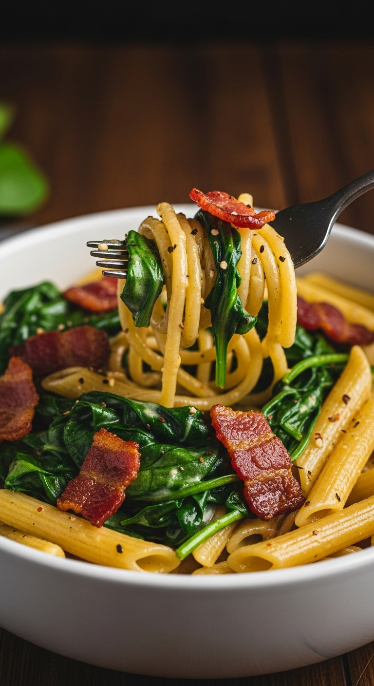 Close-Up Of A Fork Twirling Bacon And Spinach Pasta With A Glossy Sauce, Crispy Bacon Bits, And Wilted Spinach, In A White Ceramic Bowl On A Dark Wood Table.
