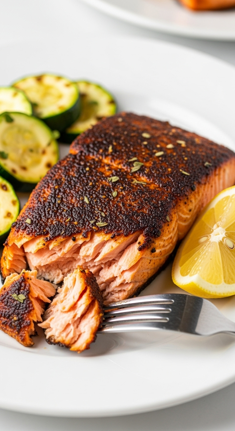 Close-Up Of A Perfectly Cooked Blackened Salmon Fillet Flaked With A Fork, Revealing The Pink Interior, Alongside Sautéed Zucchini And A Lemon Wedge On A Clean White Plate.