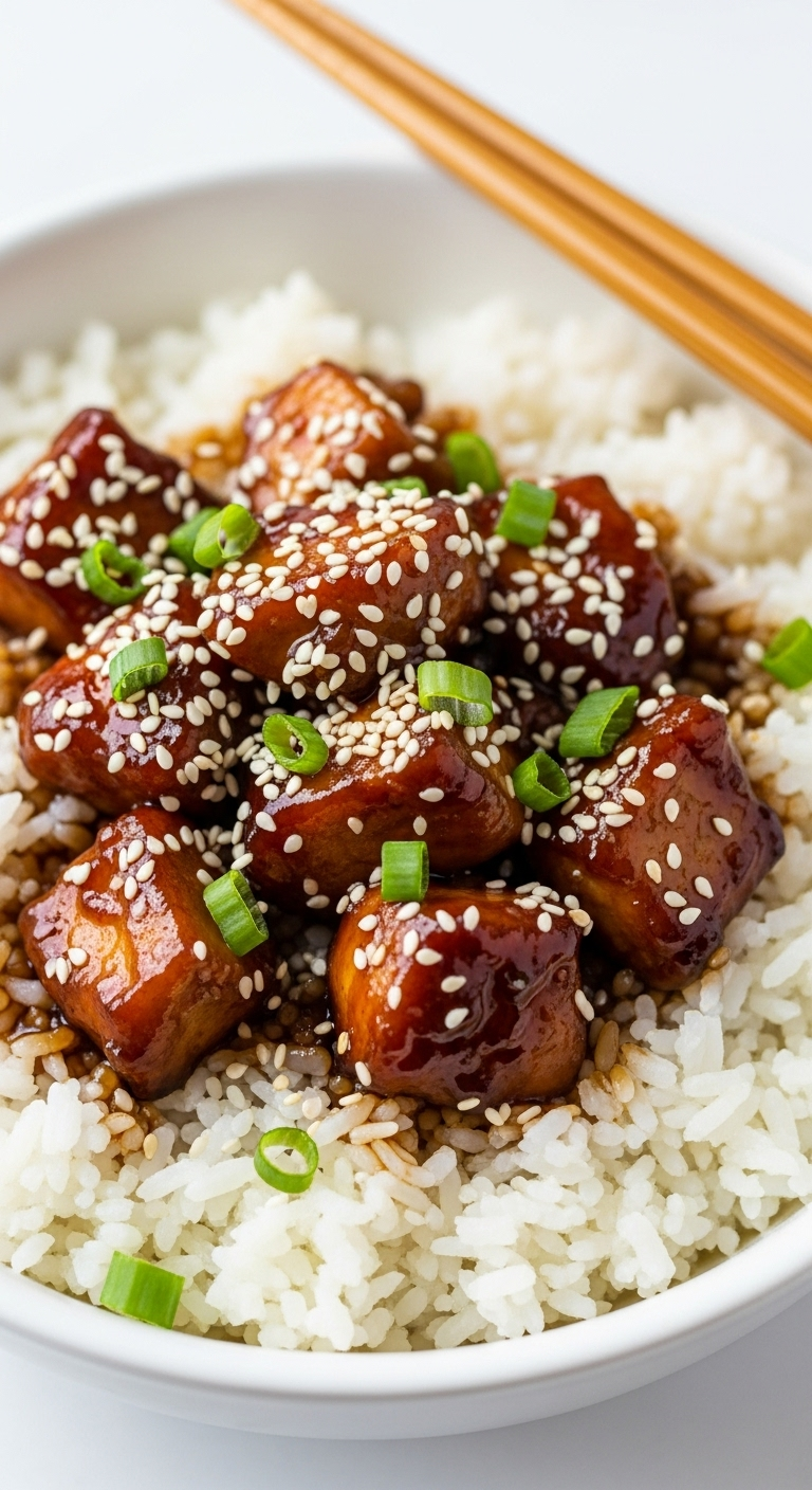 Bowl Of Fluffy White Rice Topped With Glossy Teriyaki Chicken, Sesame Seeds, And Chopped Scallions, With A Pair Of Chopsticks Resting On The Side.