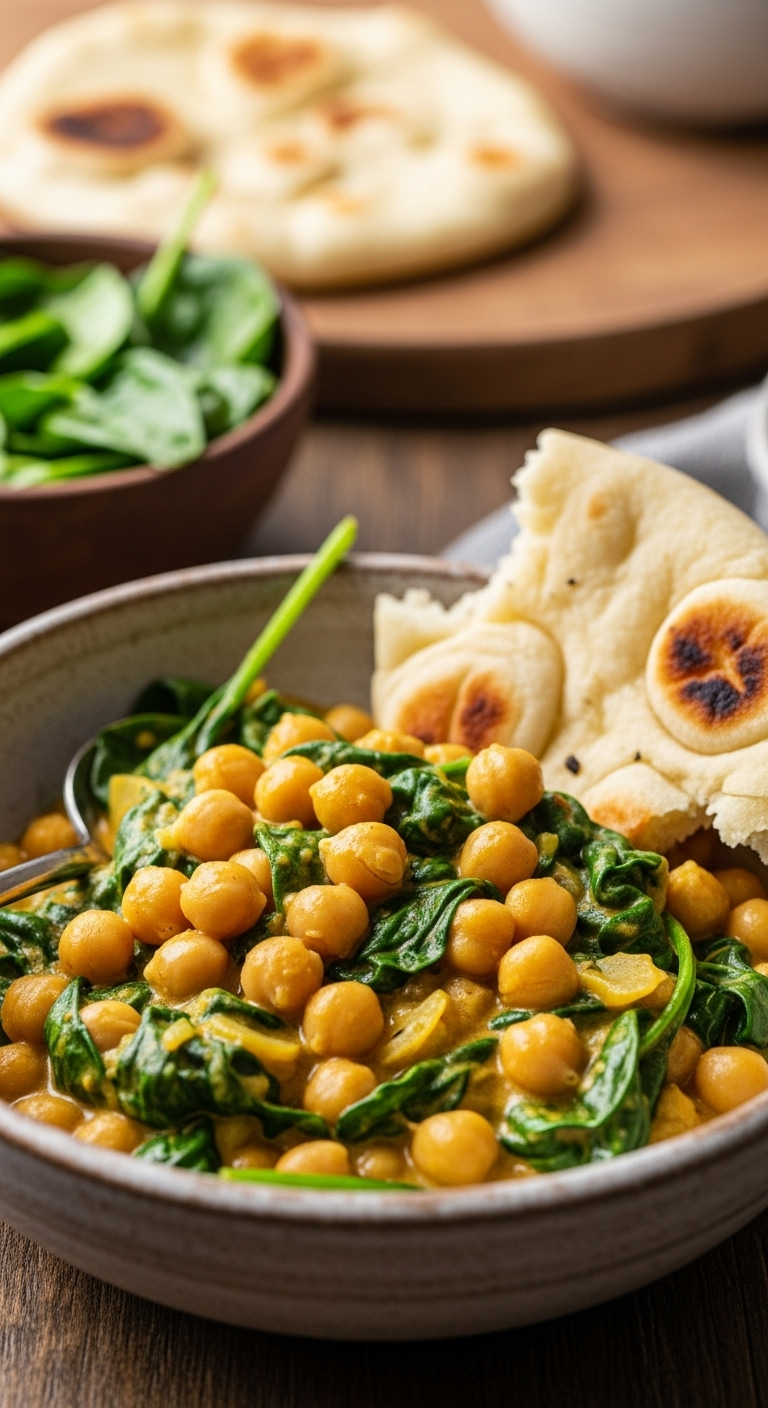 Rustic Bowl Of Creamy Curried Chickpeas And Spinach With A Piece Of Torn Naan Bread Being Dipped Into The Sauce, Set On A Cozy Kitchen Table.