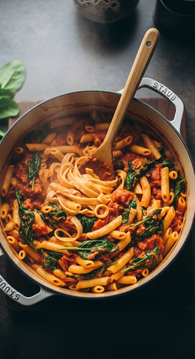 Top-Down Shot Of Creamy Tomato And Spinach Pasta In A Rustic Cast-Iron Dutch Oven, With A Wooden Spoon Gently Stirring And Steam Rising From The Dish.