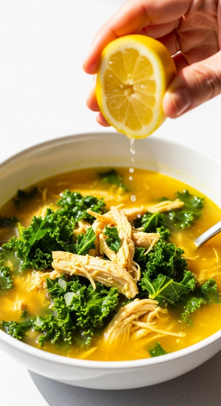 Golden Turmeric Chicken Soup With Kale In A White Bowl, Topped With A Fresh Squeeze Of Lemon In Bright Natural Light.