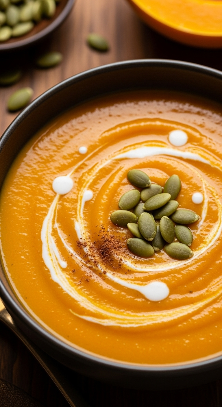 Velvety Butternut Squash Soup Swirled With Coconut Milk, Topped With Toasted Pumpkin Seeds And Cinnamon, In A Warm, Cozy Autumnal Setting.