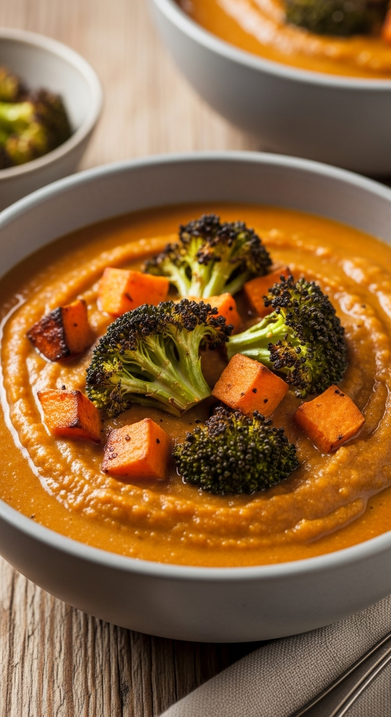 Roasted Vegetable Soup With Chunks Of Sweet Potato And Broccoli In A Stoneware Bowl On A Rustic Wooden Table With Warm, Earthy Lighting.