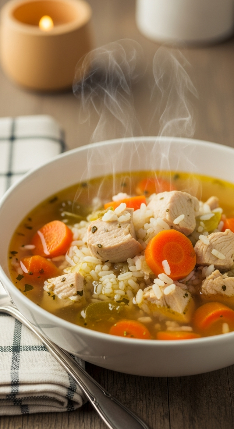Steaming Bowl Of Chicken And Rice Soup With Carrots In Golden Broth, Set On A Cozy Table With A Checkered Napkin And Warm, Homey Lighting.