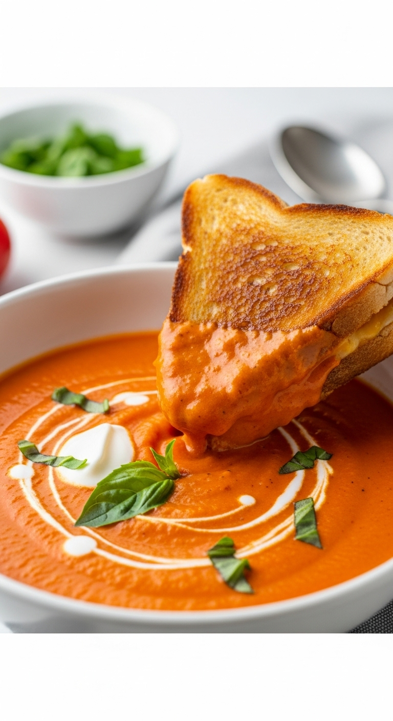 Creamy Tomato Soup With A Swirl Of Yogurt And A Grilled Cheese Sandwich Dipped In, Dripping With Vibrant Red-Orange Soup Under Bright, Appetizing Lighting.