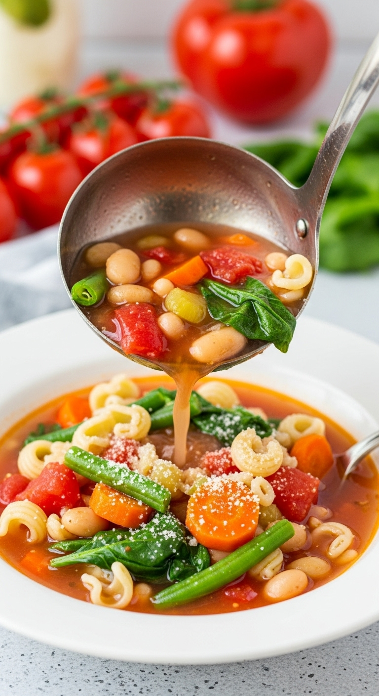 Chunky Minestrone Soup With Colorful Vegetables, Beans, And Pasta Being Ladled Into A White Bowl, Topped With Parmesan Cheese In Bright, Rustic Italian Kitchen Lighting.