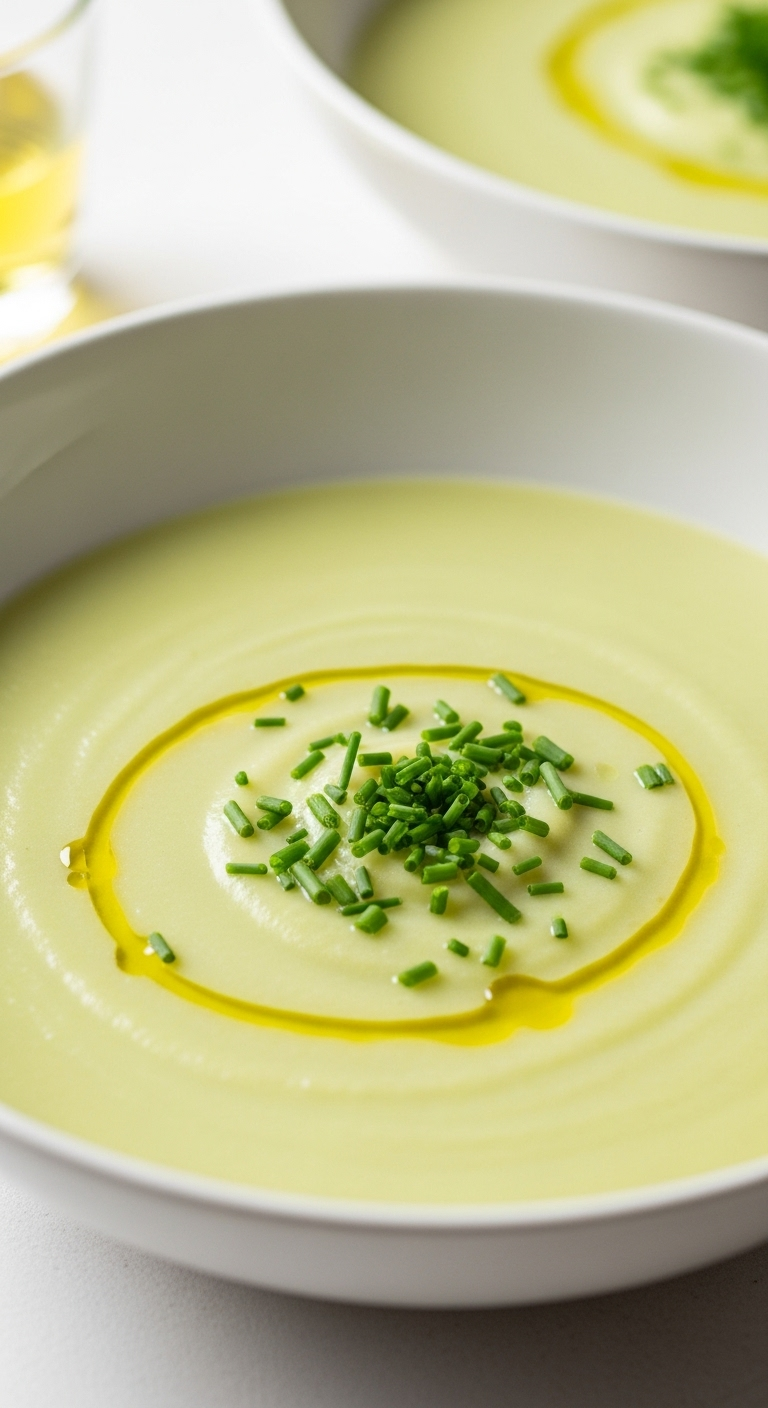 Silky Potato Leek Soup In An Elegant Bowl, Garnished With Fresh Chives And A Drizzle Of Olive Oil, Captured In Soft, Sophisticated Lighting With Pale Green And Creamy Tones.