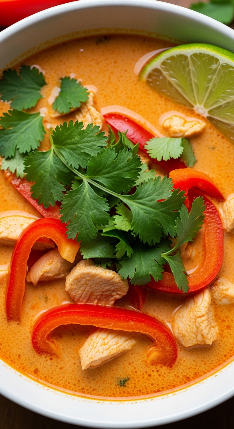 Red Curry Coconut Soup With Chicken, Bell Peppers, Fresh Cilantro, And A Lime Wedge In A Vibrant Reddish-Orange Broth, Captured In Dynamic, Aromatic Lighting.