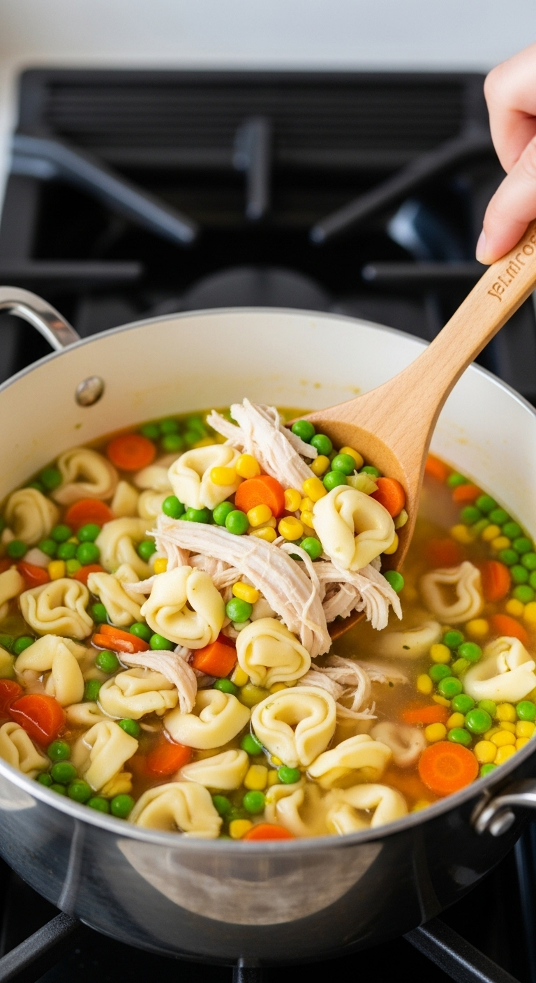 Chicken Tortellini Soup With Colorful Vegetables Being Stirred In A Pot, Featuring Pillowy Tortellini, Shredded Chicken, And Vibrant Broth In Bright, Cheerful Lighting.