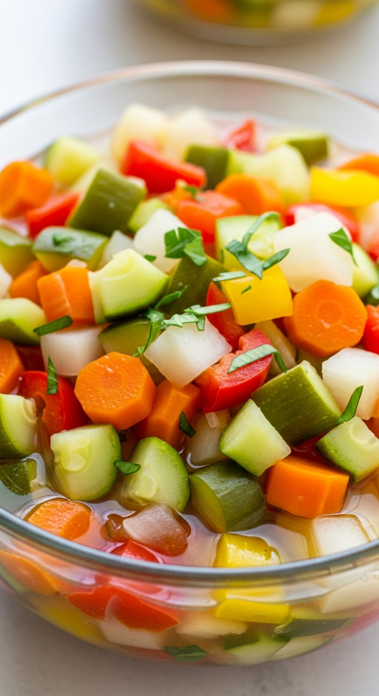 Chunky Vegetable Soup In A Clear Glass Bowl With Vibrant Carrots, Green Beans, Corn, Tomatoes, And Herbs In A Clear Broth, Captured In Bright, Garden-Fresh Lighting.