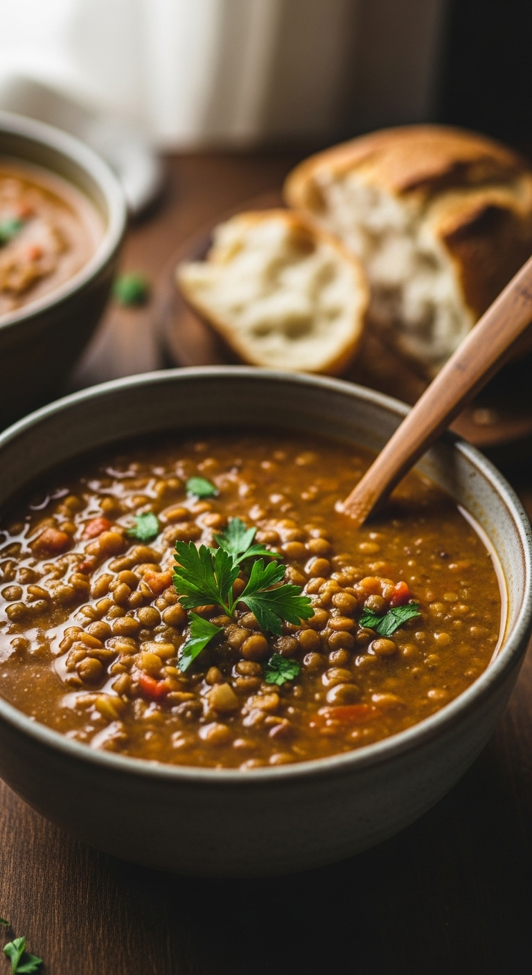 Hearty Lentil Soup In A Rustic Ceramic Bowl With Parsley Garnish, Wooden Spoon, And Crusty Bread On A Dark Wood Table In Warm, Cozy Natural Light.