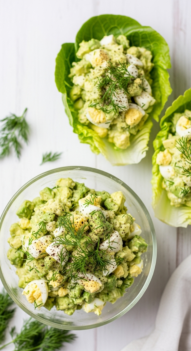 Avocado Egg Salad In A Glass Bowl With Fresh Dill And Black Pepper