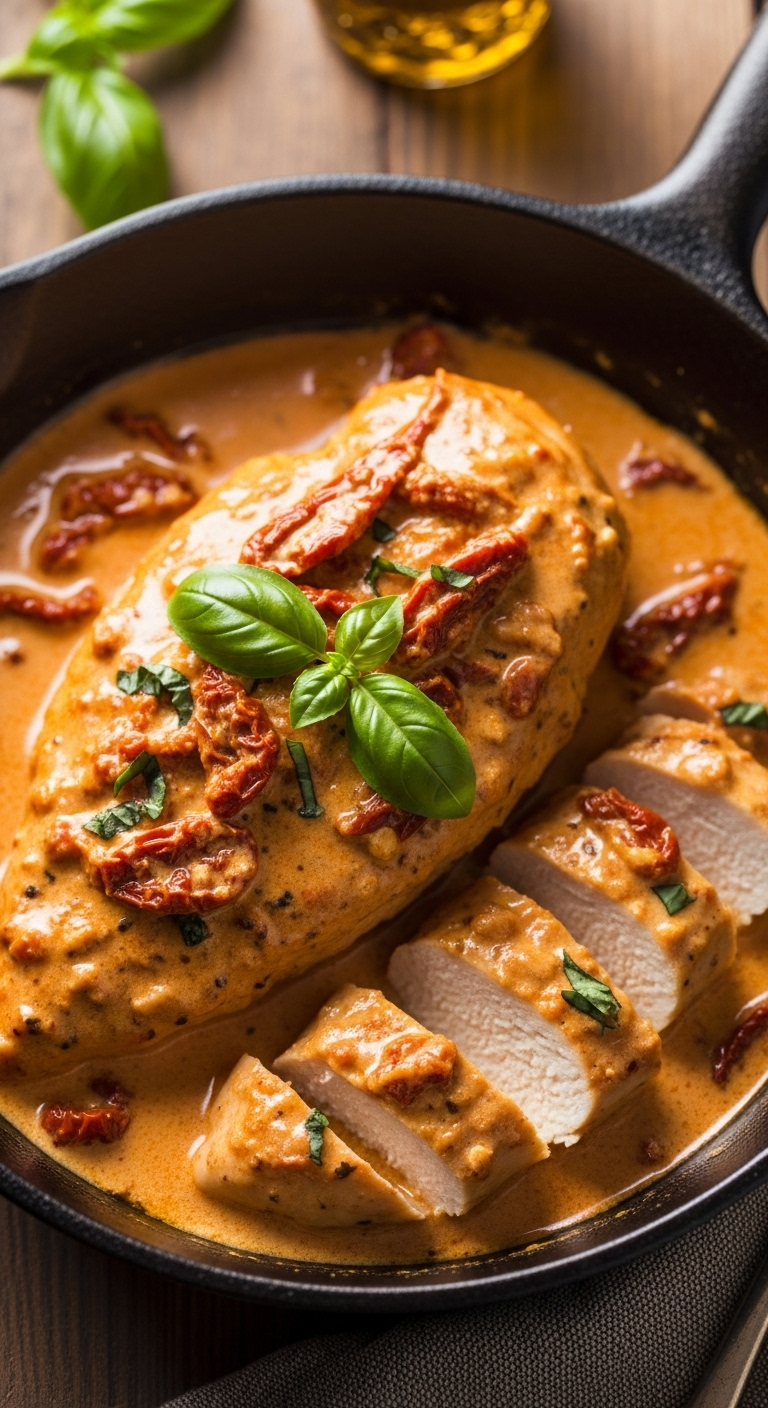 &Quot;Close-Up Of Marry Me Chicken In A Rustic Cast-Iron Skillet