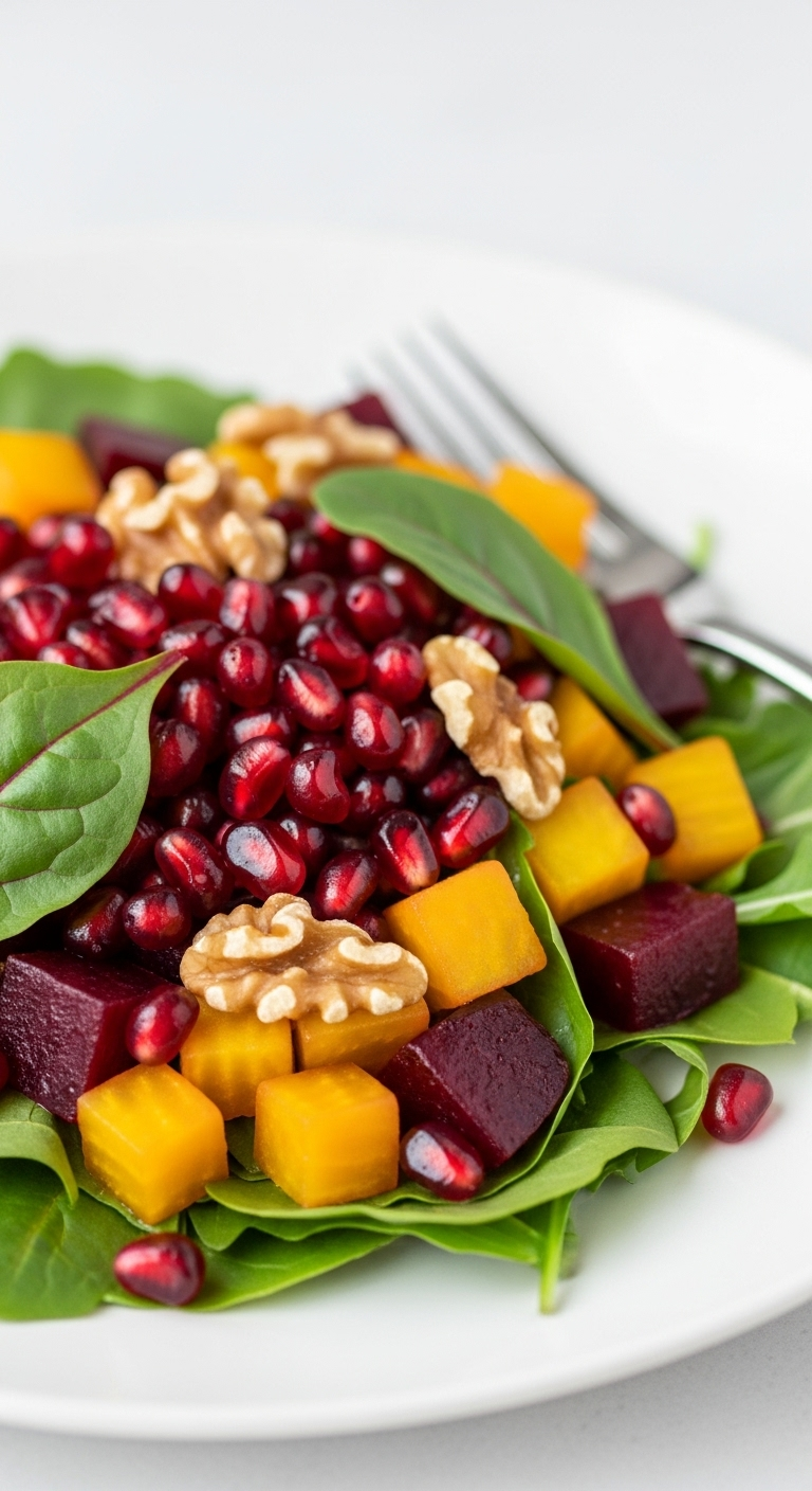 Close-Up Of A Vibrant Pomegranate And Golden Beet Salad With Jewel-Toned Arils, Diced Beets, Dark Greens, And Scattered Walnuts On A Minimalist White Plate, Captured With Bright, Elegant Gallery-Style Lighting Highlighting The Colorful Contrast.