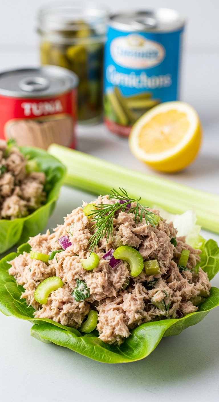 Chunky Tuna Salad With Celery, Dill, And Pickles Served In A Crisp Butter Lettuce Cup, With Natural Kitchen Lighting And Simple Ingredients Like Tuna Can, Cornichons Jar, And Lemon In The Background, Highlighting A Quick And Easy Meal Prep.