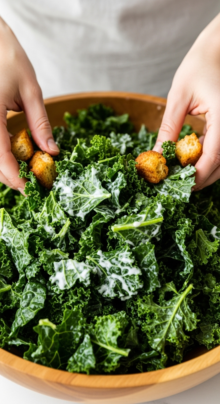 Hands Tossing Vibrant Vegan Kale Caesar Salad With Creamy Dressing And Rustic Golden Croutons In A Large Wooden Bowl, Highlighting The Rich Texture Of Massaged Kale Under Bright, Even Lighting For A Clean And Healthy Look.