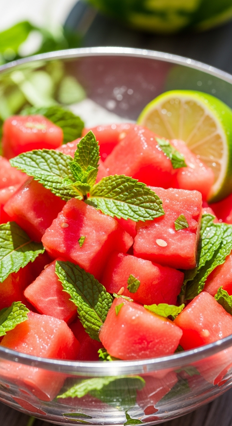 Close-Up Of Vibrant Mojito Watermelon Salad With Glistening Pink Watermelon Cubes And Fresh Green Mint Leaves In A Clear Glass Bowl, Accented By A Lime Wedge, Captured In Bright Sunlight On An Outdoor Patio Setting.