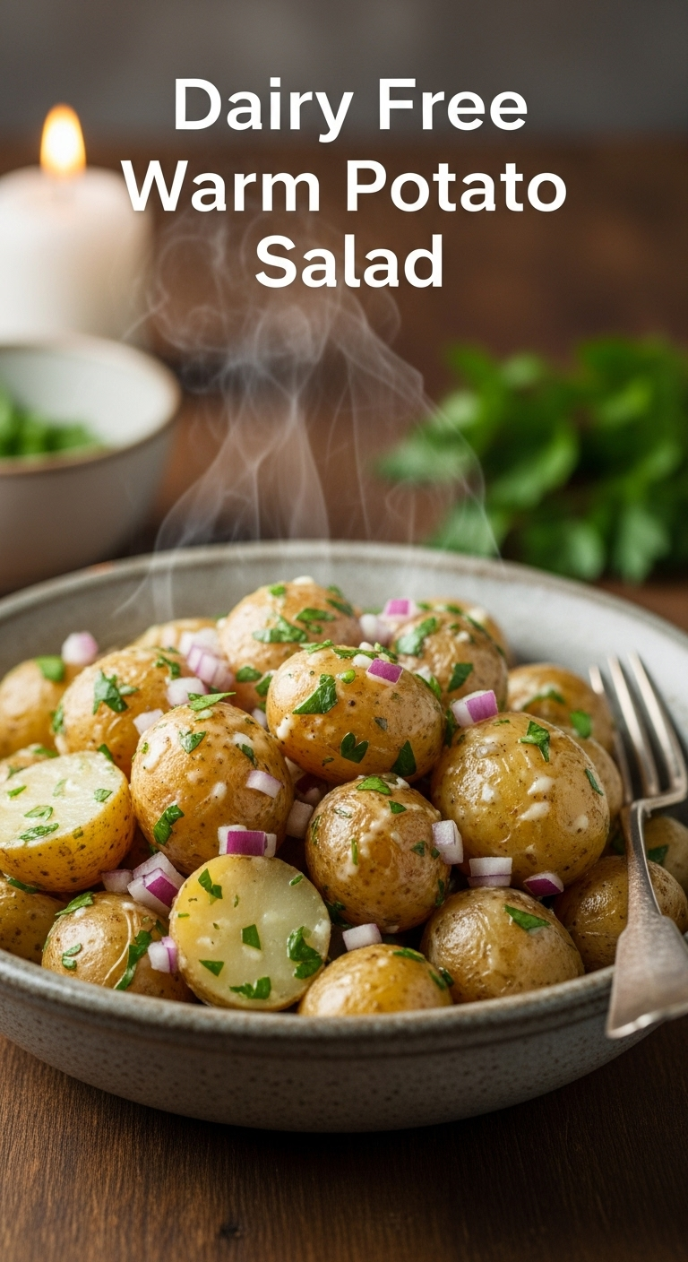 Rustic Warm Dairy-Free Potato Salad In A Stoneware Bowl With Tender Potatoes, Fresh Parsley, And Red Onion, Steam Rising Softly, Captured In Cozy Farmhouse Lighting With A Vintage Fork Beside The Bowl.