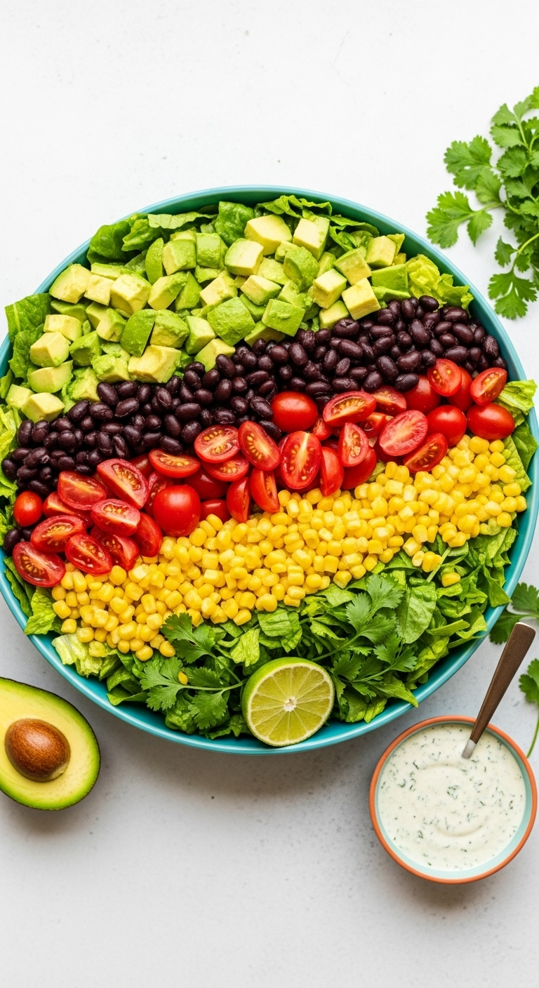 Vibrant Top-Down View Of Southwestern Salad With Lettuce, Avocado, Black Beans, Corn, And Tomatoes Arranged In Sections In A Colorful Bowl, Alongside Creamy Cilantro-Lime Dressing, Captured In Bright, Festive Sunlight.