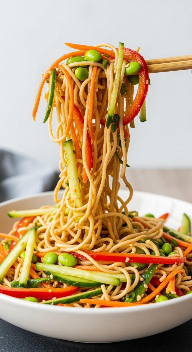 Fresh Vibrant Vegan Noodle Salad With Colorful Shredded Carrots, Cucumber, Edamame, And Red Bell Peppers Coated In Peanut Dressing, Lifted By Chopsticks From A Deep Bowl Against A Clean, Simple Background.
