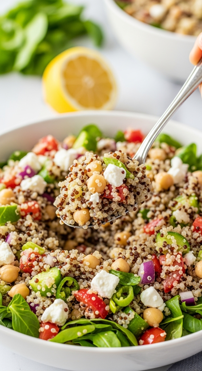 Bright And Wholesome Quinoa Salad With Chickpeas, Colorful Vegetables, And Feta Being Lifted By A Spoon From A Large Bowl, Highlighting The Fluffy Texture And Fresh Ingredients Beside A Lemon On A Natural Light-Filled Table.