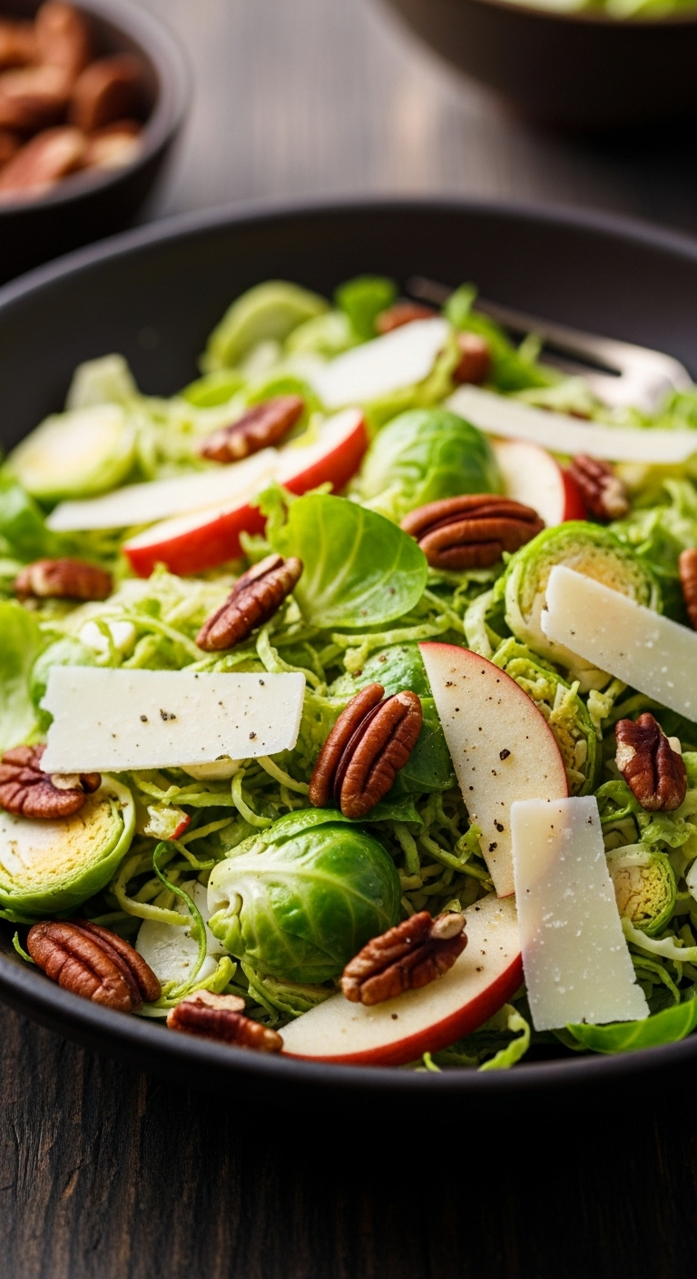 Rustic Savory Brussels Sprout Salad With Shaved Sprouts, Crunchy Pecans, Thin Parmesan Shavings, And Apple Chunks In A Dark Moody Bowl, Highlighted By Warm Autumnal Light And Rich Earthy Tones.
