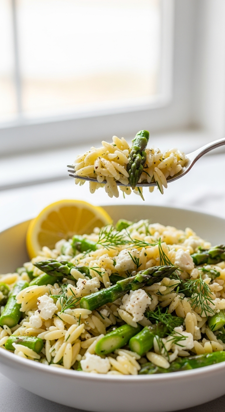 Fresh Orzo Asparagus Salad With Bright Green Asparagus, Dill, Lemon Wedge, And Creamy Feta In A Light Bowl, Captured In Soft Natural Spring Light With A Fork Lifting A Bite Showcasing The Textured Pasta And Vibrant Ingredients.