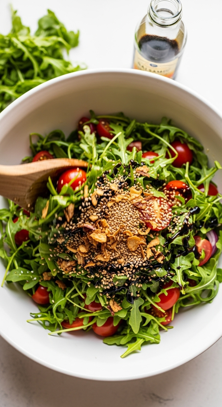 Top-Down Shot Of A Vibrant Chopped Salad With Rocket, Tomatoes, Toasted Seeds, And Crispy Onions Tossed In A White Ceramic Bowl With Balsamic Glaze, Captured In Bright Natural Light With A Wooden Server Mid-Toss, Highlighting Fresh, Appetizing Textures.