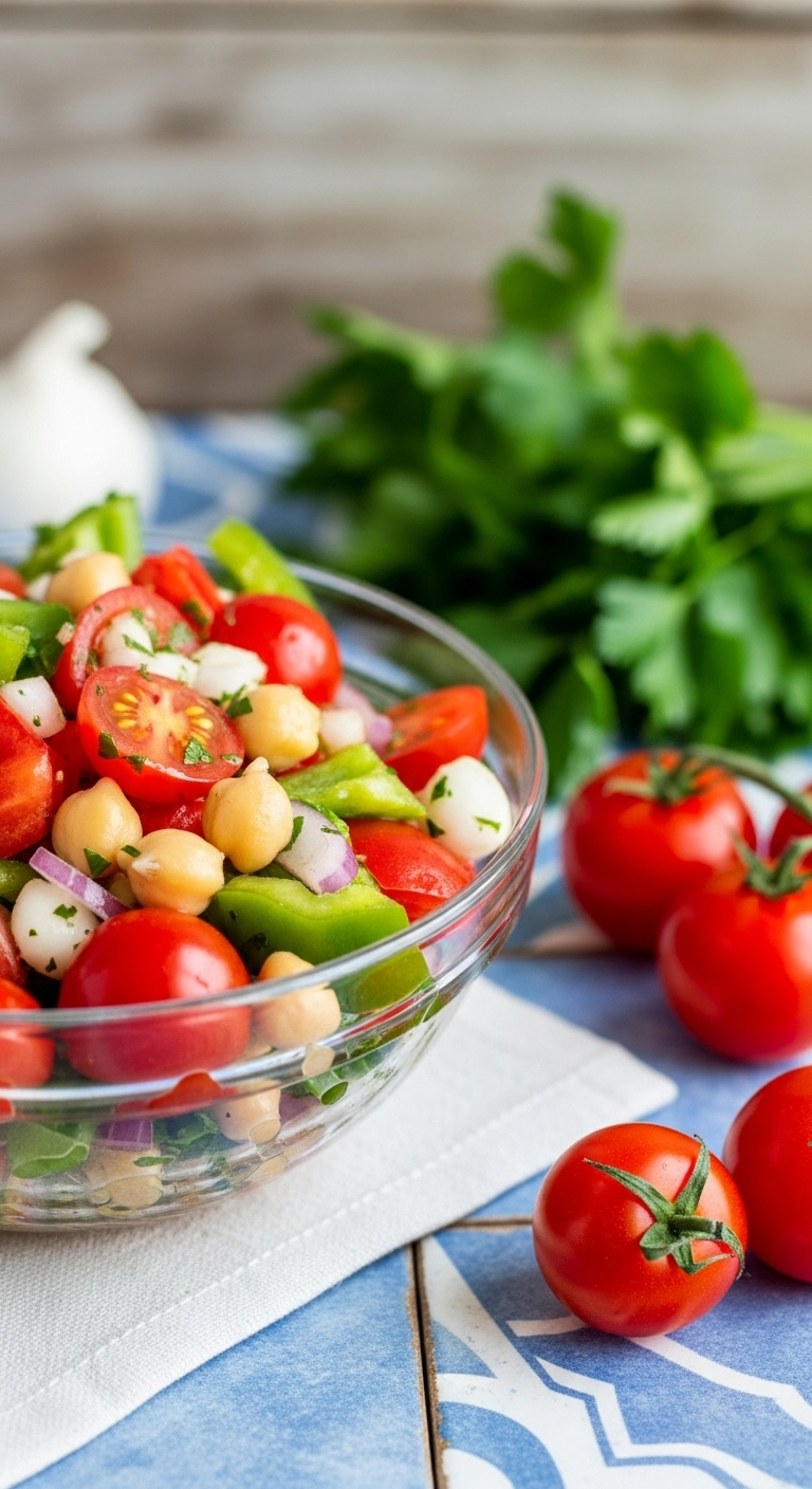 Close-Up Of Mediterranean Chickpea Salad In A Clear Glass Bowl With Vibrant Reds, Greens, And Whites, Fresh Parsley Sprig, And Cherry Tomatoes On A Blue And White Tiled Surface In Bright, Sunny Mediterranean Light.