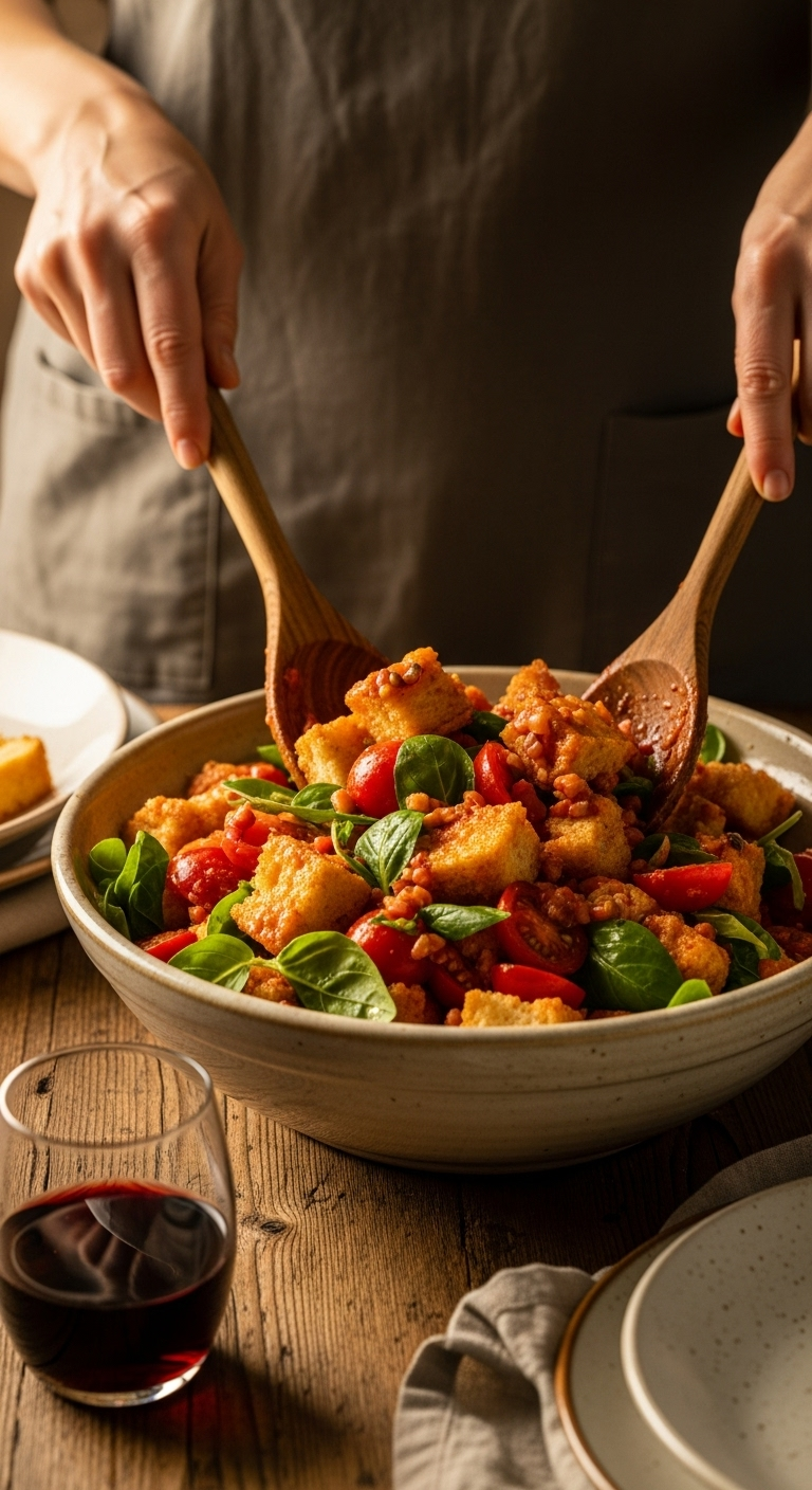 Rustic Tuscan Kitchen Scene Of Family-Style Panzanella Salad With Juicy Tomatoes And Soaked Bread In A Handmade Ceramic Bowl, Tossed With Wooden Spoons, Bathed In Golden Afternoon Light With A Glass Of Red Wine Nearby.