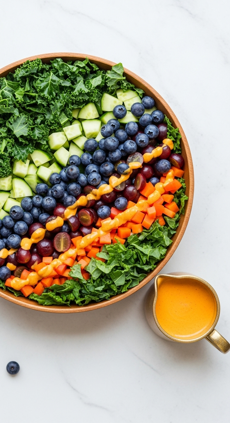 Overhead Flat Lay Of A Vibrant Superfood Salad With Kale, Blueberries, Grapes, And Creamy Orange Dressing In A Wooden Bowl, With A Small Pitcher Of Dressing Beside It, All Brightly Lit To Showcase The Colorful, Energetic Arrangement.