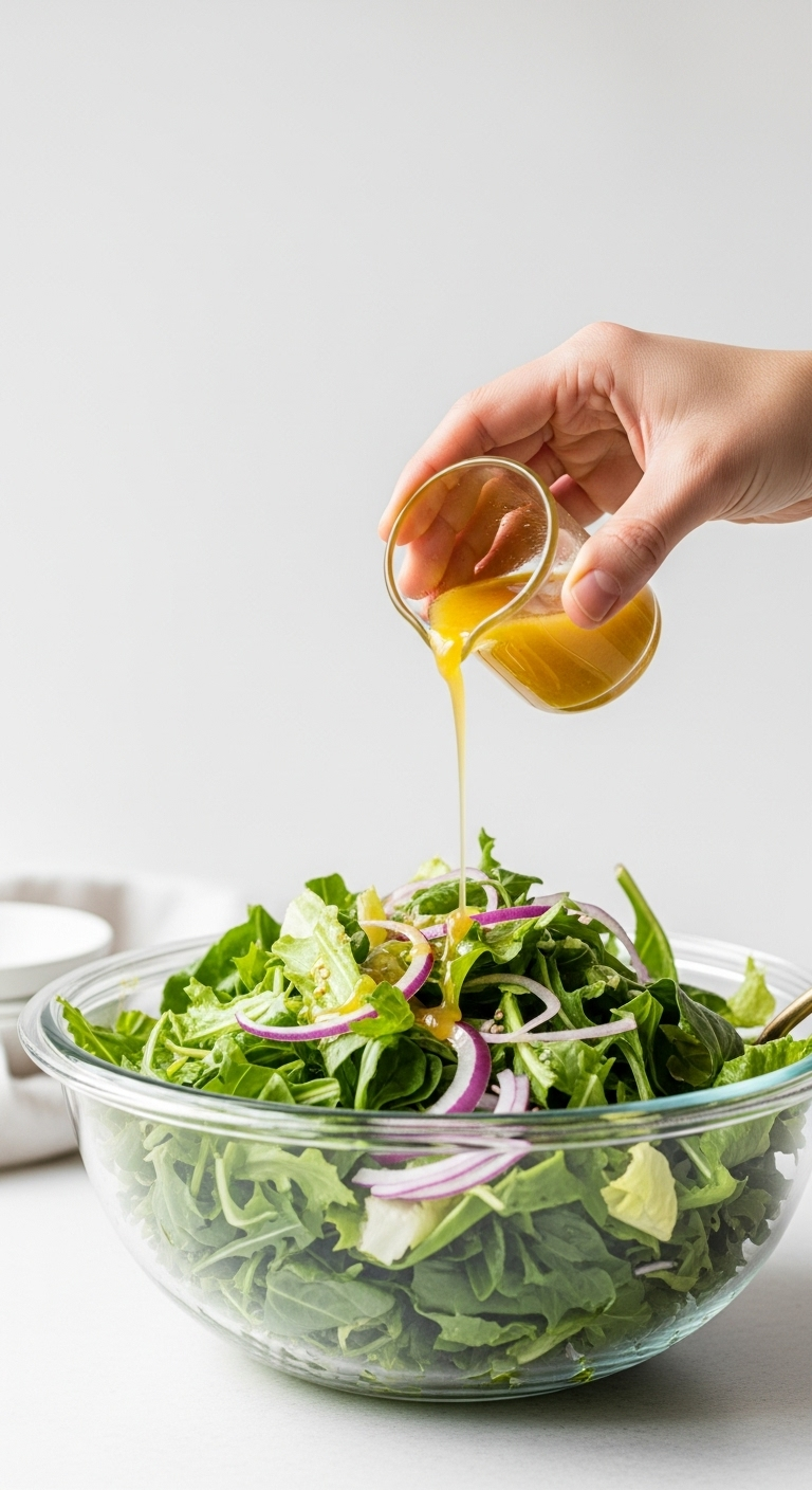 Light And Airy Shot Of A Simple Green Salad In A Glass Bowl With Red Onion, As A Hand Drizzles Golden Lemon Vinaigrette Over It, Highlighting Freshness And Minimalist Natural Lighting.