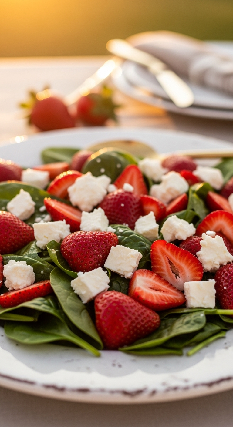 Rustic White Platter Of Strawberry Feta Salad With Glistening Strawberries, Crumbled Feta, And Fresh Spinach Bathed In Warm Golden Hour Light, Perfect For An Elegant Outdoor Meal.