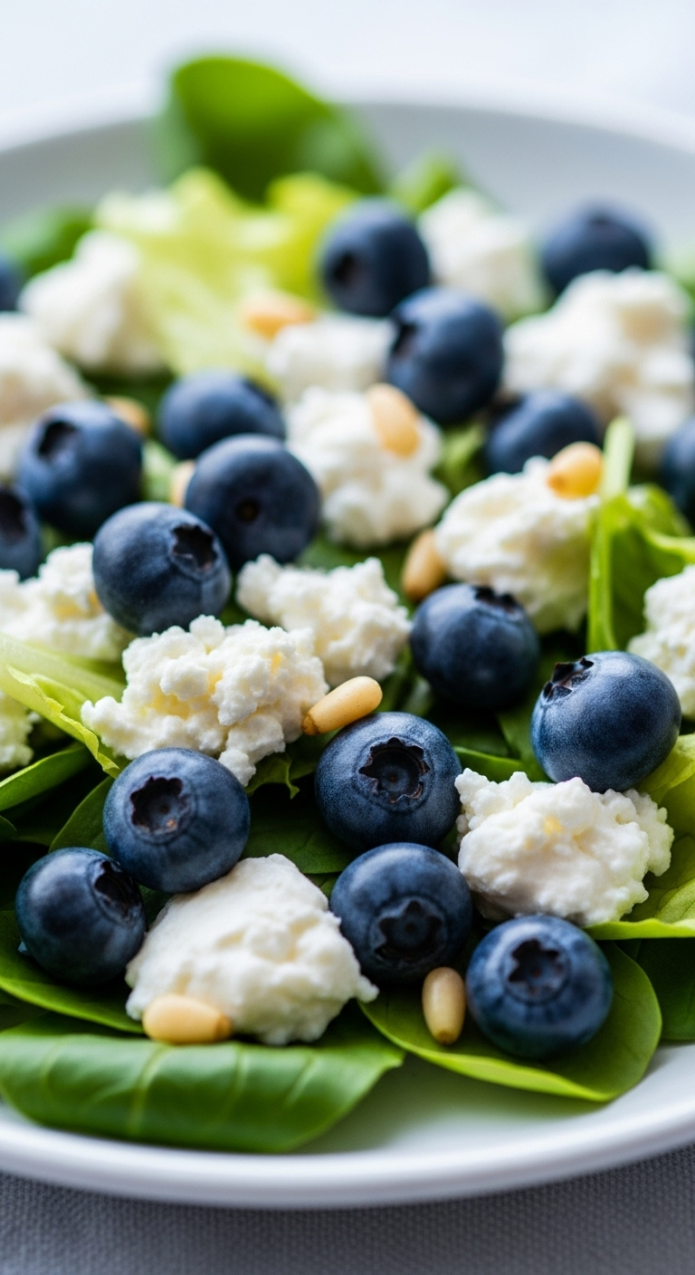 Close-Up Of Creamy Goat Cheese Crumbles And Juicy Blueberries On Fresh Greens With Scattered Pine Nuts, Captured In Elegant Cool Natural Light Highlighting Delicate Textures And Sophisticated Colors.