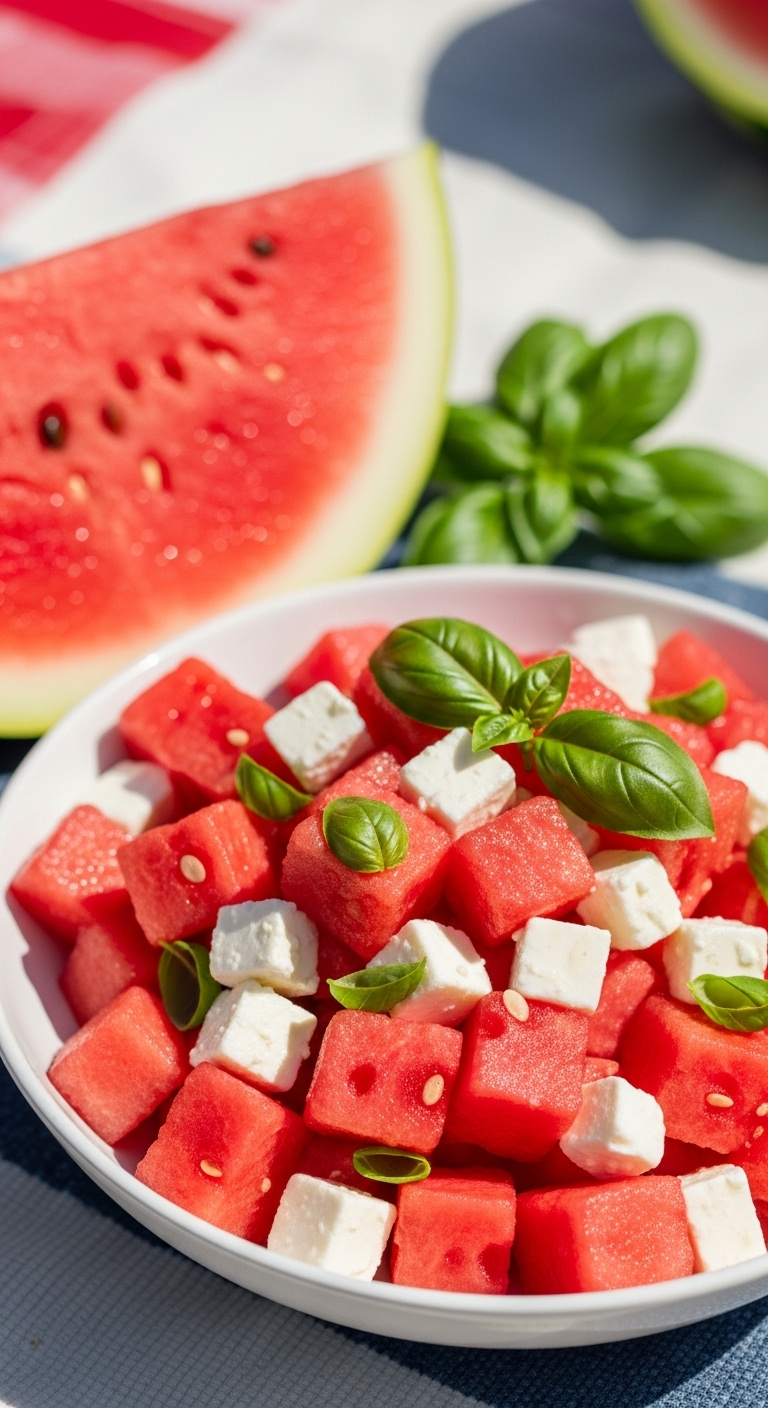 Dynamic Shot Of Juicy Watermelon Salad With Feta And Basil In A White Bowl, Set Outdoors In Bright Summer Sunlight With Sharp Shadows And A Watermelon Slice Nearby On A Picnic Blanket.