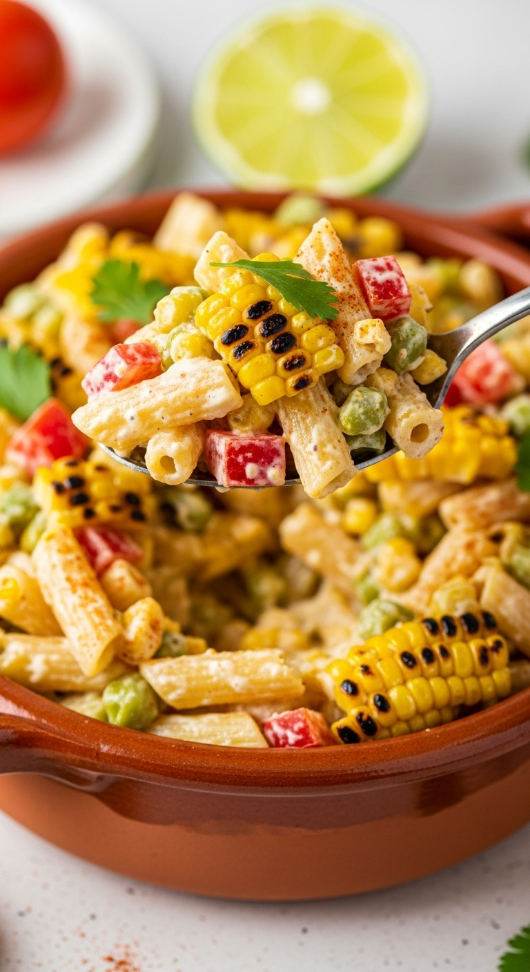 Spoon Lifting Creamy Elote Pasta Salad With Charred Corn From A Rustic Terracotta Bowl, Surrounded By Lime Wedge And Paprika, Captured In Warm Festive Lighting With Vibrant Yellow, Red, And Green Colors.