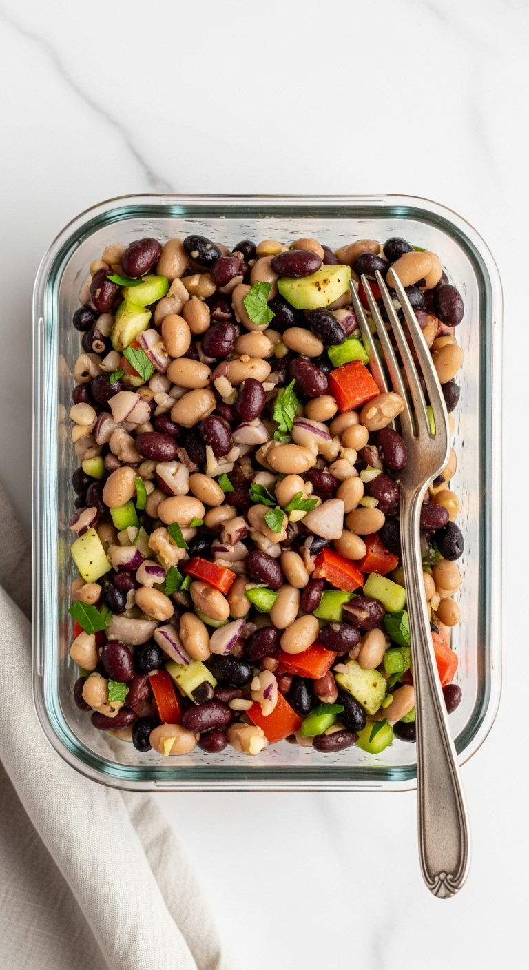 Glass Meal Prep Container Filled With Colorful Layered Bean Salad Featuring Black, Beige, Red, And Green Beans And Vegetables, Topped With A Fork, Showcased In Natural Earthy Lighting.