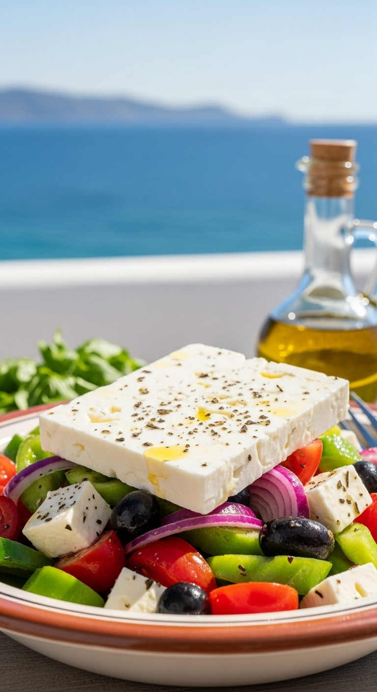 Bright Greek Salad In A Rustic Ceramic Bowl Topped With A Block Of Feta Cheese, Featuring Classic Mediterranean Colors And Chunky Vegetables, With Olive Oil Bottle And Blurred Aegean Sea In The Sunny Background.