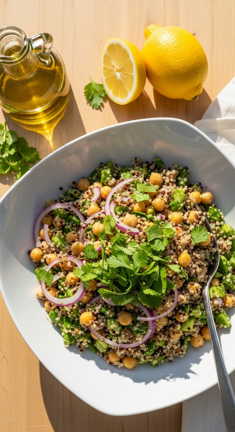 Top-Down Shot Of Jennifer Aniston Salad With Quinoa, Chickpeas, And Fresh Green Herbs In A White Bowl, Accompanied By Lemon And Olive Oil On A Light Wood Surface, Bathed In Bright, Natural California-Style Sunlight.