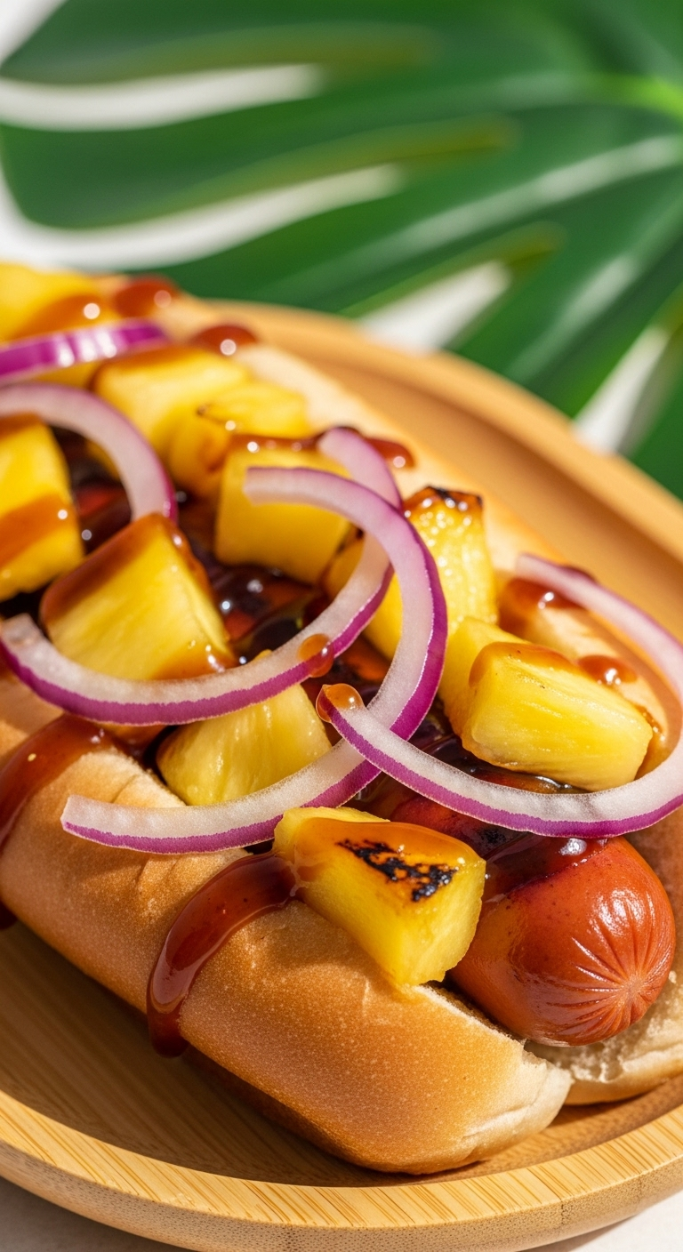 Close-Up Of A Hawaiian Sweet And Spicy Hot Dog With Grilled Pineapple Chunks And Glossy Teriyaki Glaze On A Bamboo Plate, Set Against A Tropical-Themed Background With Bright, Warm Lighting.