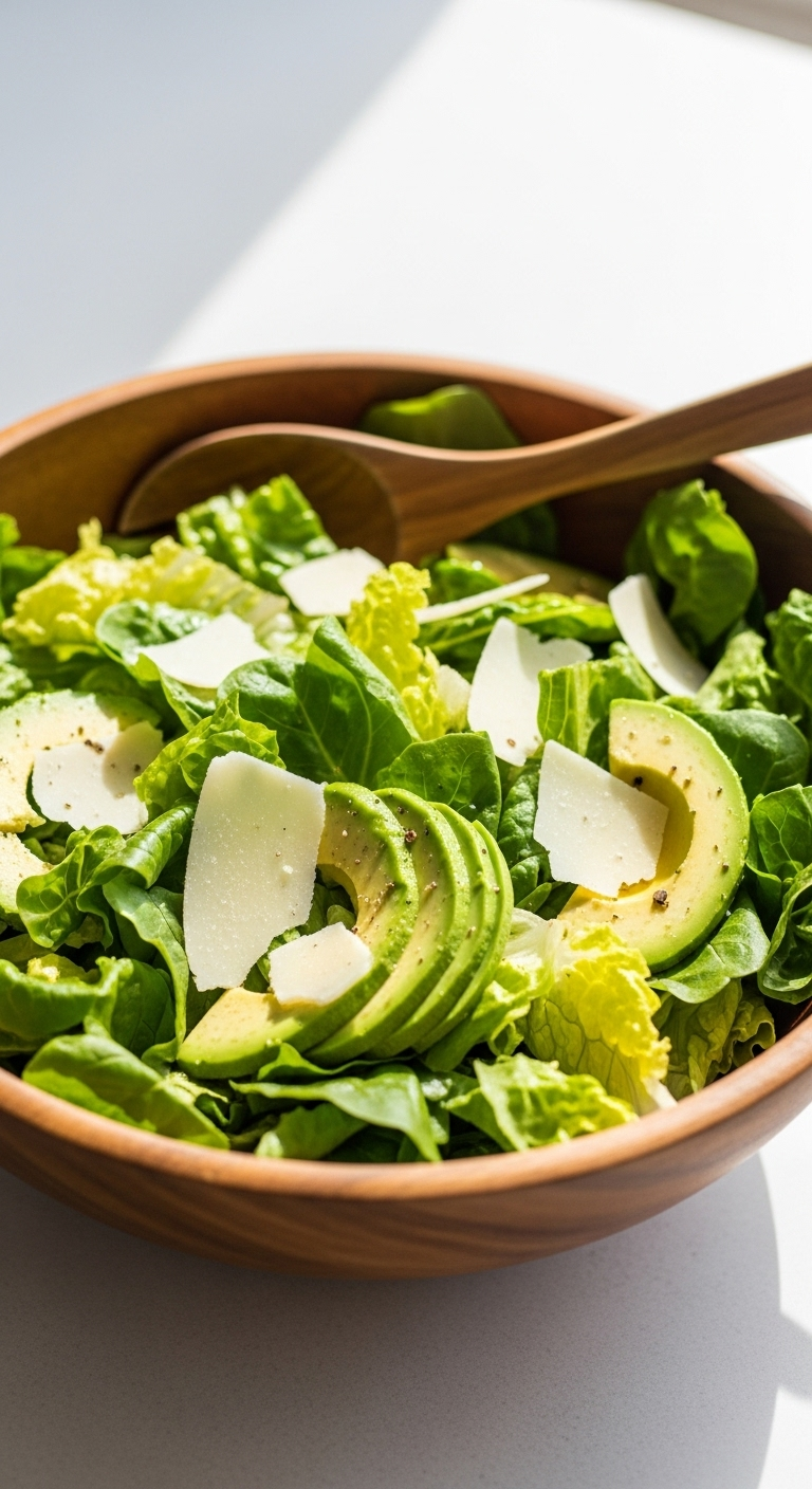 Rustic Wooden Bowl Filled With Everyday Green Salad Featuring Crisp Lettuce, Creamy Avocado Slices, And Shaved Parmesan, Captured In Soft Natural Light With A Wooden Salad Server Resting On The Edge.